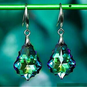 Austrian Crystal Silver Drop Dangle Colorful Baroque Leaf Earrings